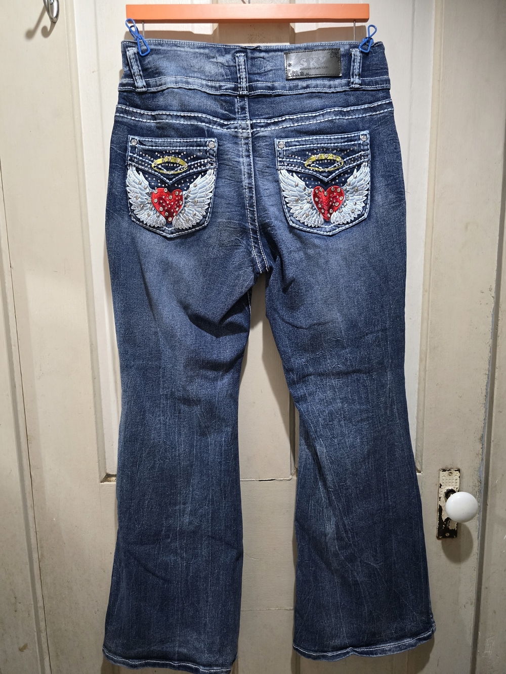 Sky Dark Blue Flare Jeans with Distressed Pocket Detail - Picture 3 of 4